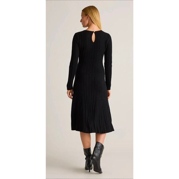 Quince Mongolian Cashmere Black Dress Womens Small Wide Rib Midi Stretch Scoop - Picture 4 of 13